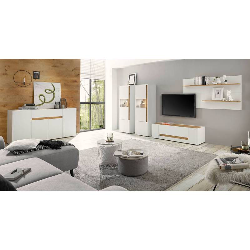 home24 Wandregal Spanplatte, beschichtet Weiß/Weiß/Eiche Dekor 155 x 80 x 20cm von home24
