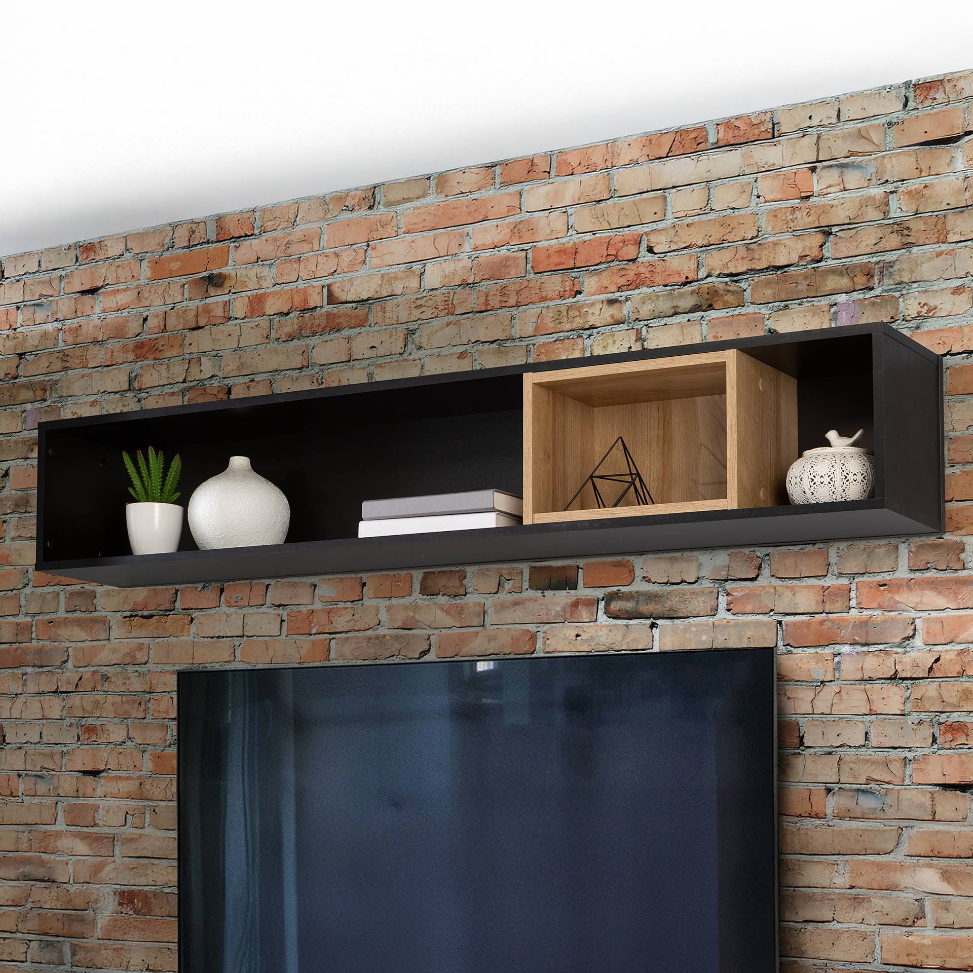 home24 Wandregal Spanplatte, foliert Schwarz/Braun 150 x 26 x 22cm von home24