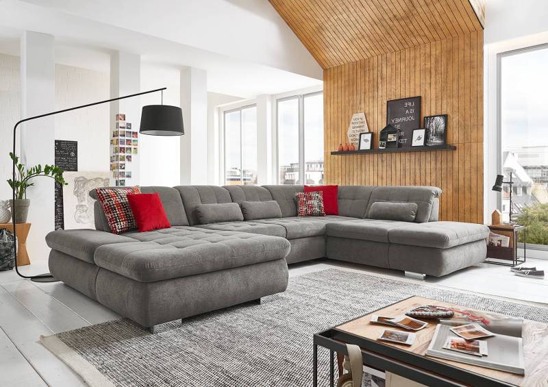 home24 Wohnlandschaft Calstar Grau Webstoff Porcia 382 x 84 x 260cm Longchair davorstehend links / Ottomane rechts mit Schlaffunktion Modern von home24