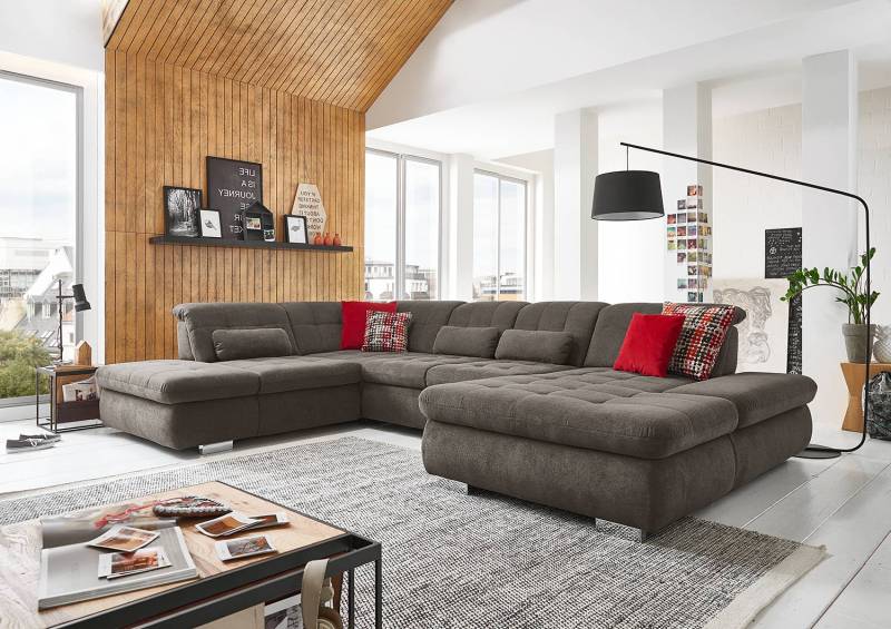 home24 Wohnlandschaft Calstar Schwarz Webstoff Porcia 382 x 84 x 260cm Longchair davorstehend rechts / Ottomane links ohne Schlaffunktion Modern von home24