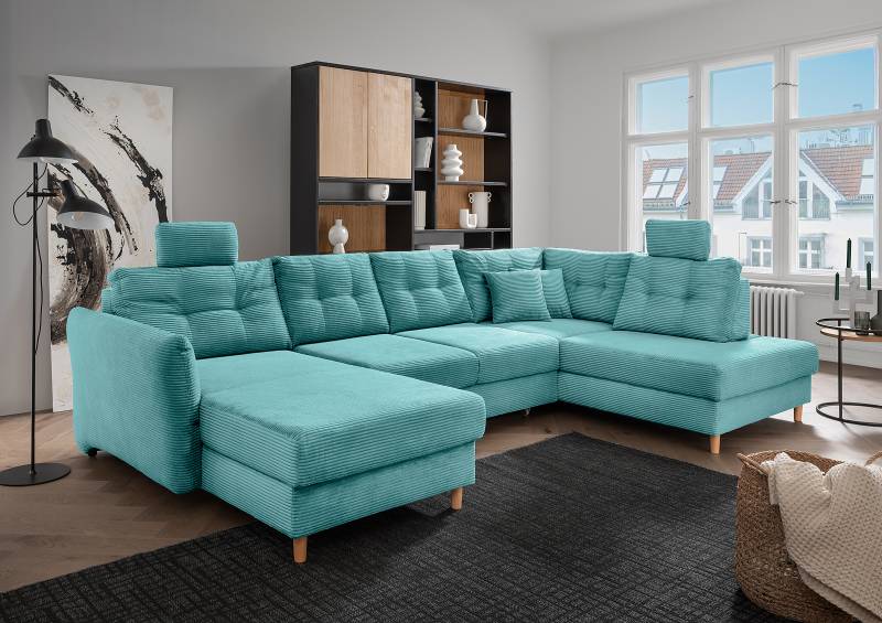 home24 Wohnlandschaft Elolo Typ A Blau Cordstoff Duana 338 x 91 x 206cm Longchair davorstehend links / Ottomane rechts mit Schlaffunktion Modern von home24