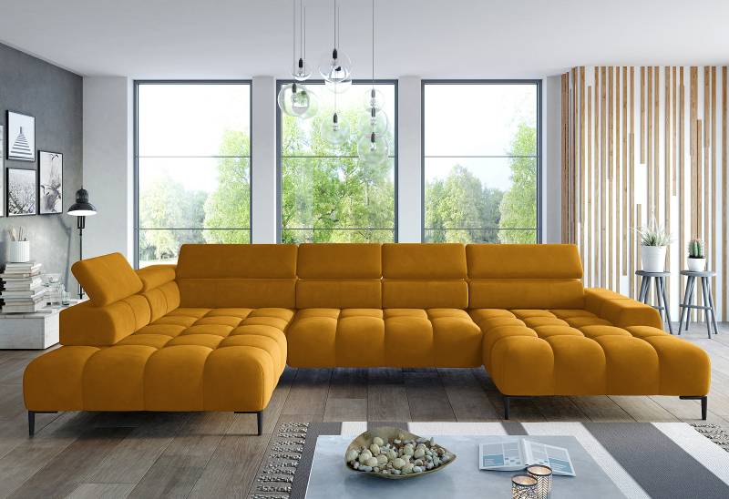 home24 Wohnlandschaft Fardah Gold Samt Onoli 385 x 76 x 216cm Longchair davorstehend rechts / Ottomane links Modern von home24