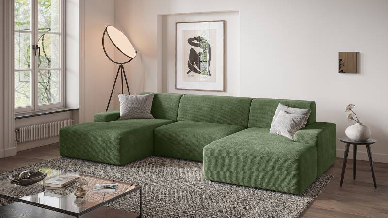 home24 Wohnlandschaft Grün Cordstoff Hilja 329 x 73 x 162cm Gleichschenklig Sitztiefenverstellung/Bettkasten Modern von home24