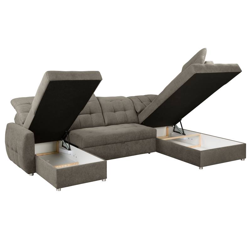 home24 Wohnlandschaft Grau Samt Corry 313 x 102 x 206cm Longchair davorstehend links / Ottomane rechts mit Schlaffunktion Modern von home24