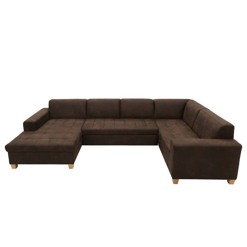 home24 Wohnlandschaft Roblin Braun Microfaser Medea 333 x 80 x 199cm Longchair davorstehend links / Ottomane rechts Keine Funktion Natur von home24