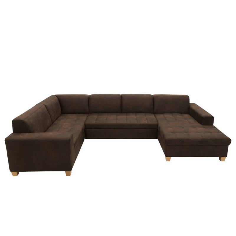 home24 Wohnlandschaft Roblin Braun Microfaser Medea 333 x 80 x 199cm Longchair davorstehend rechts / Ottomane links Keine Funktion Natur von home24