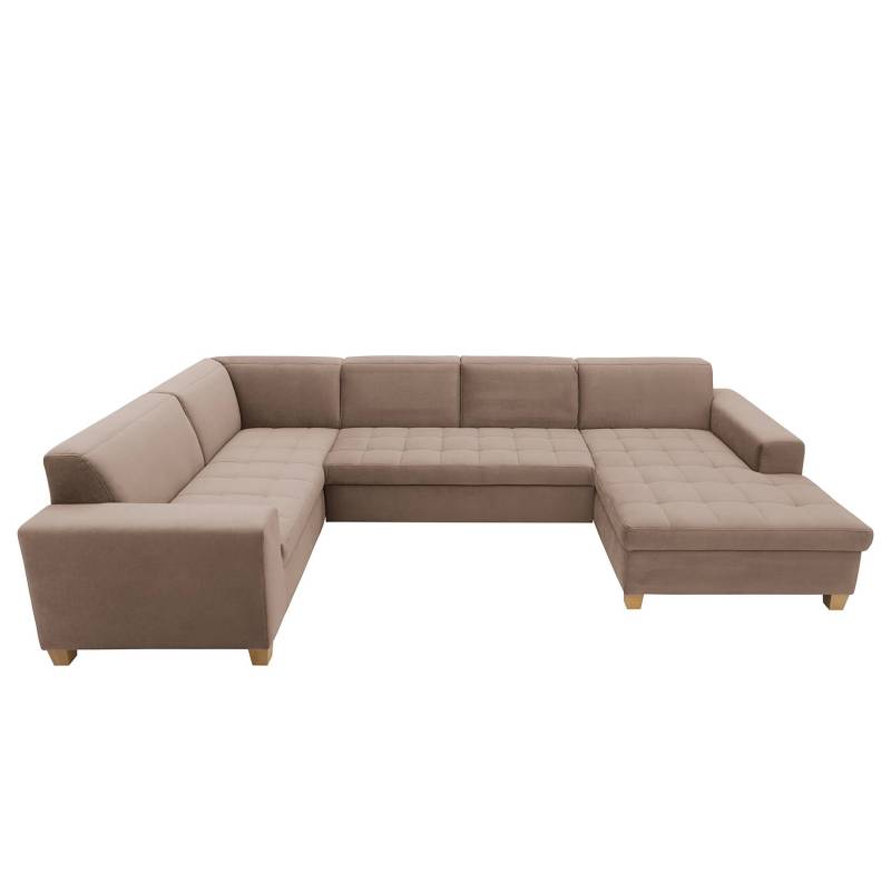 home24 Wohnlandschaft Roblin Braun Samt Loana 333 x 80 x 199cm Longchair davorstehend rechts / Ottomane links Keine Funktion Natur von home24