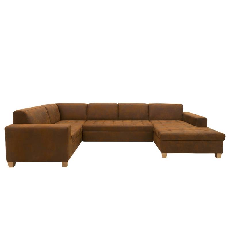 home24 Wohnlandschaft Roblin Grau Microfaser Medea 333 x 80 x 199cm Longchair davorstehend rechts / Ottomane links Bettkasten/Schlaffunktion Natur von home24