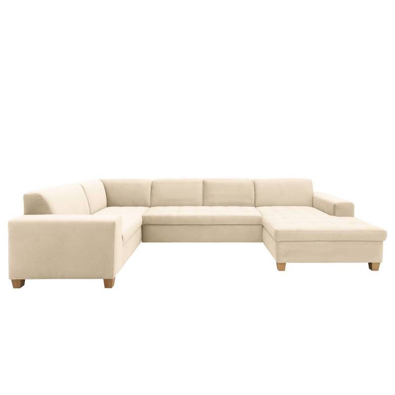 home24 Wohnlandschaft Roblin Grau Samt Loana 333 x 80 x 199cm Longchair davorstehend rechts / Ottomane links Bettkasten/Schlaffunktion Natur von home24