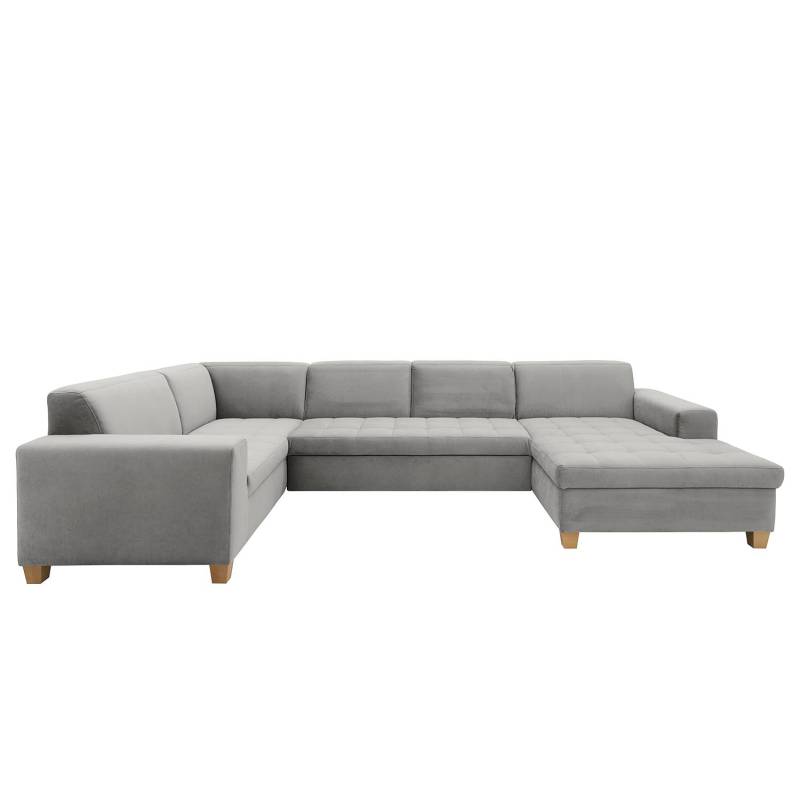 home24 Wohnlandschaft Roblin Grau Samt Loana 333 x 80 x 199cm Longchair davorstehend rechts / Ottomane links Bettkasten/Schlaffunktion Natur von home24