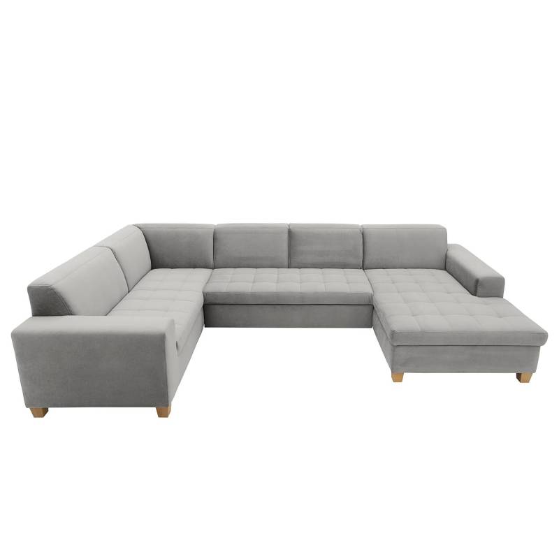 home24 Wohnlandschaft Roblin Grau Samt Loana 333 x 80 x 199cm Longchair davorstehend rechts / Ottomane links Keine Funktion Natur von home24