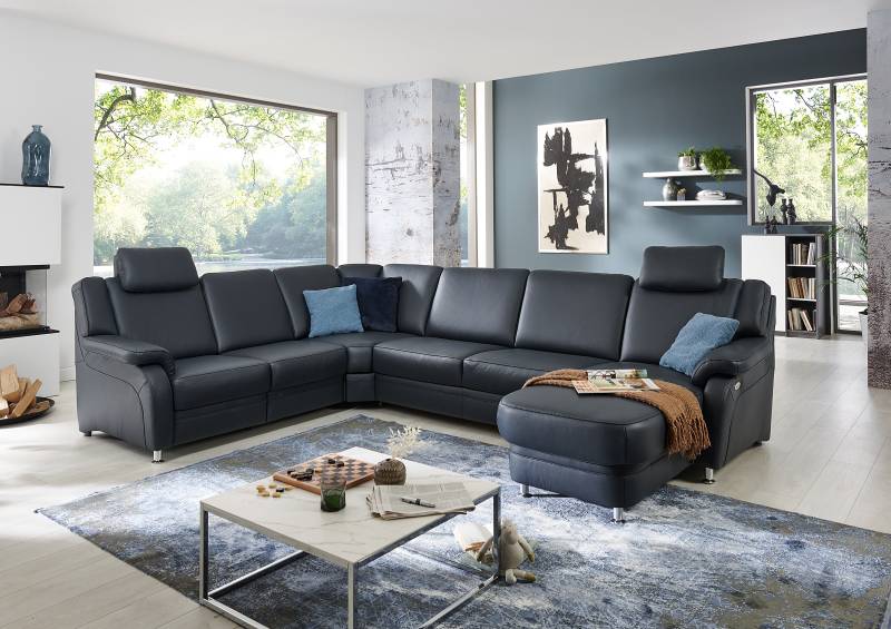 home24 Wohnlandschaft Samento Blau Echtleder Tomma 336 x 91 x 239cm Ottomane davorstehend rechts Kopfstütze verstellbar/Schlaffunktion/Relaxfunktion von home24