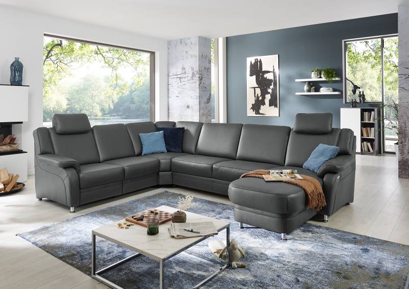 home24 Wohnlandschaft Samento Grau Echtleder Tomma 336 x 91 x 239cm Ottomane davorstehend rechts Kopfstütze verstellbar/Schlaffunktion/Relaxfunktion von home24