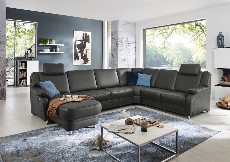 home24 Wohnlandschaft Samento Schwarz Echtleder Tomma 336 x 91 x 239cm Ottomane davorstehend links Kopfstütze verstellbar/Schlaffunktion/Relaxfunktion von home24