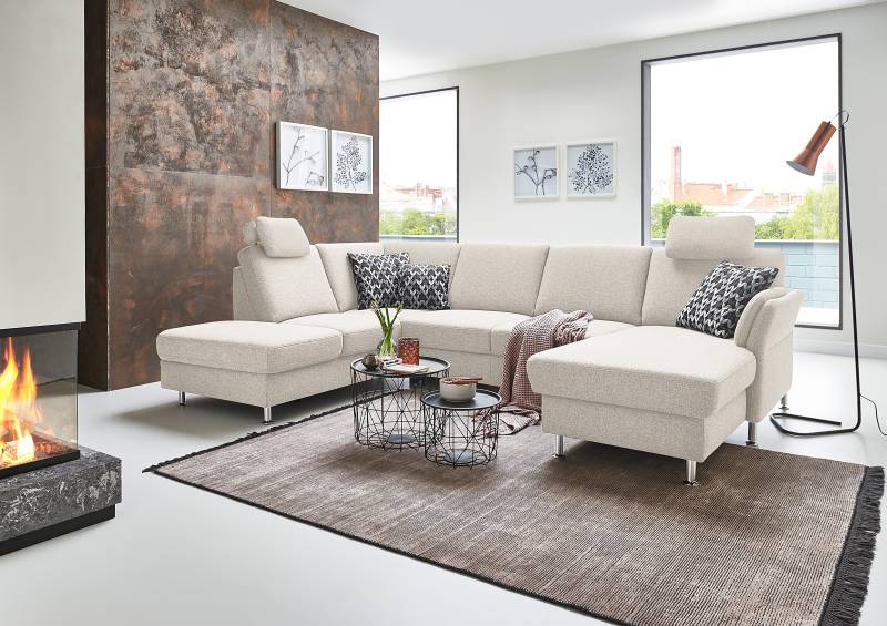 home24 Wohnlandschaft Silvo opt. Schlaffunktion Silber Webstoff Unni 305 x 90 x 200cm Longchair davorstehend rechts / Ottomane links mit von home24