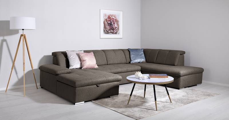 home24 Wohnlandschaft Tarem mit Schlaffunktion Braunschwarz Webstoff Genia 328 x 80 x 215cm Ottomane davorstehend rechts mit Schlaffunktion Modern von home24