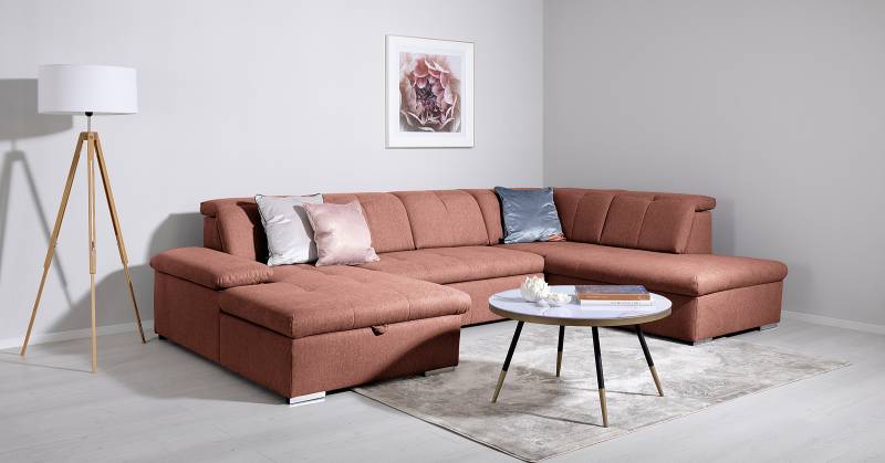 home24 Wohnlandschaft Tarem mit Schlaffunktion Rot/Braun Webstoff Genia 328 x 80 x 215cm Ottomane davorstehend rechts mit Schlaffunktion Modern von home24