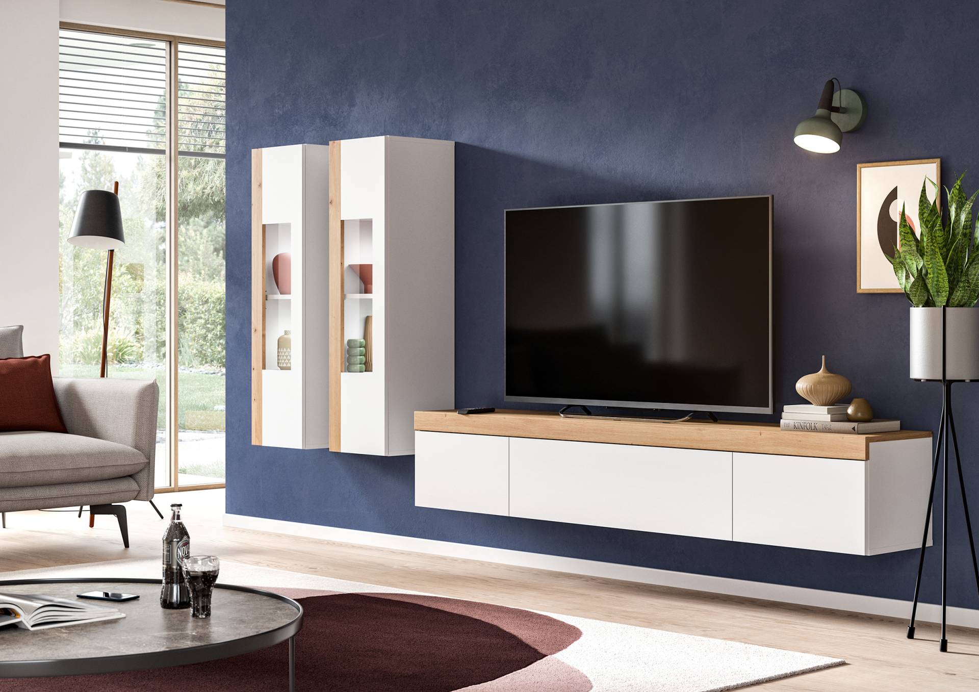 home24 Wohnwand 3-teilig Spanplatte, beschichtet Holz/Weiß 270 x 34 x 33cm von home24