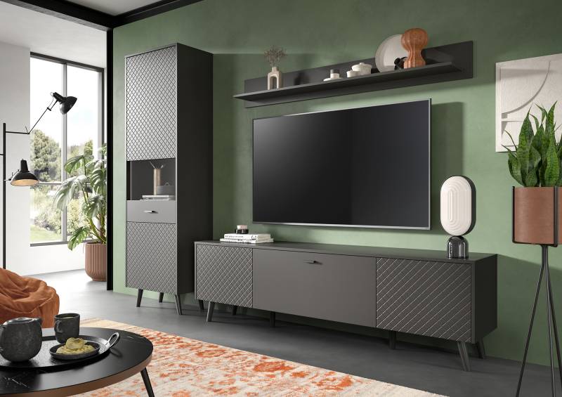 home24 Wohnwand 3-teilig - Vitrine Spanplatte, beschichtet Grau 258 x 195 x 40cm von home24