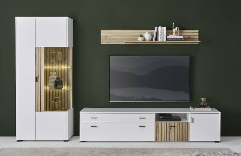 home24 Wohnwand 3-teilig Vitrine Spanplatte, beschichtet Weiß/Eiche Evoke Dekor 275 x 180 x 42cm von home24