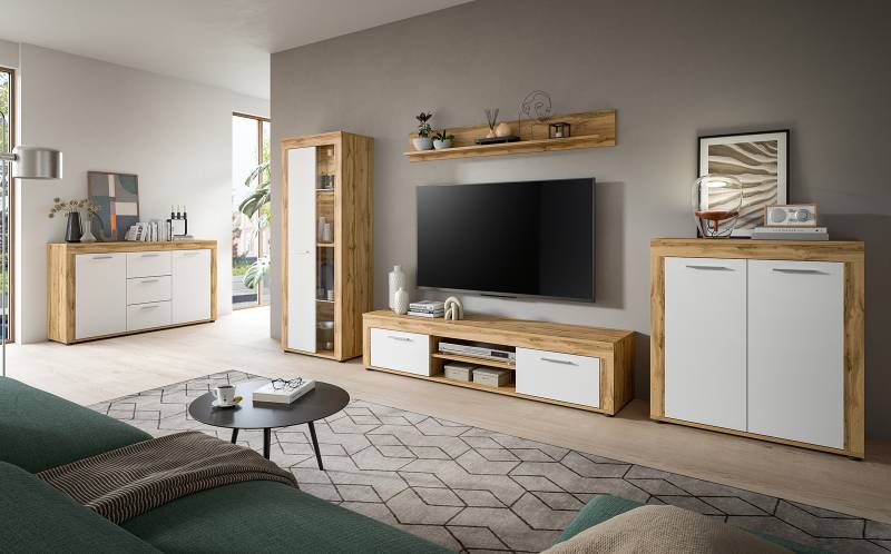 home24 Wohnwand 3-teilig mit Kommode Spanplatte, beschichtet Braun/Weiß/Weiß/Eiche Wotan Dekor 255 x 159 x 35cm von home24
