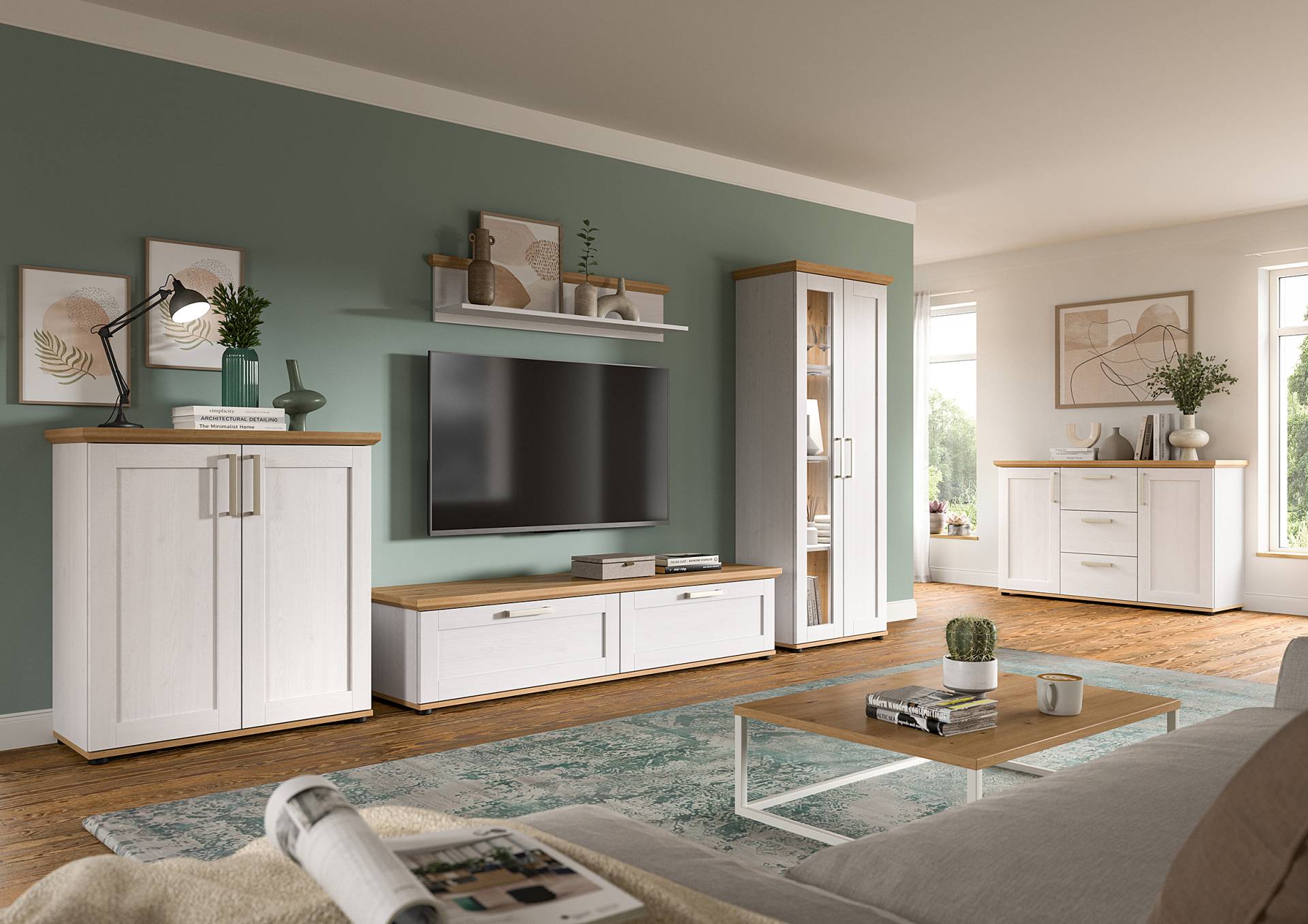 home24 Wohnwand 3-teilig mit Vitrine Spanplatte, beschichtet Braun/Weiß 336 x 161 x 40cm von home24