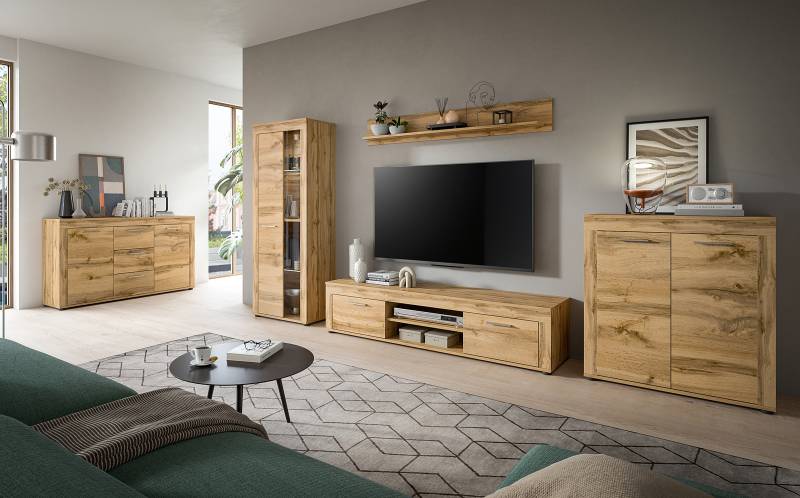 home24 Wohnwand 3-teilig mit Vitrine Spanplatte, beschichtet Braun/Wotaneiche Dekor 235 x 159 x 35cm home24 Wohnwand 3-teilig mit Vitrine Spanplatte, beschichtet Braun/Wotaneiche Dekor 235 x 159 x 35cm von home24