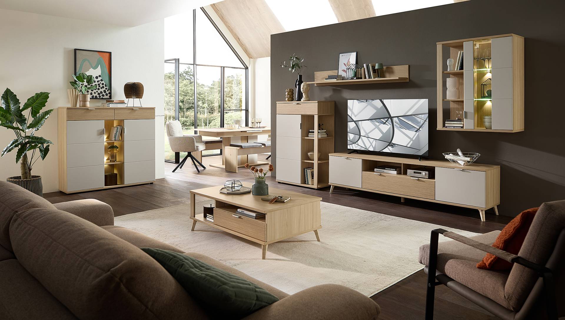 home24 Wohnwand 4-teilig Hängevitrine MDF Mitteldichte Holzfaserplatte , foliert Beige 329 x 199 x 44cm home24 Wohnwand 4-teilig Hängevitrine MDF Mitteldichte Holzfaserplatte , foliert Beige 329 x 199 x 44cm von home24