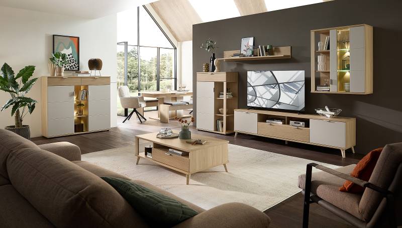 home24 Wohnwand 4-teilig Hängevitrine MDF Mitteldichte Holzfaserplatte , foliert Beige 329 x 199 x 44cm von home24