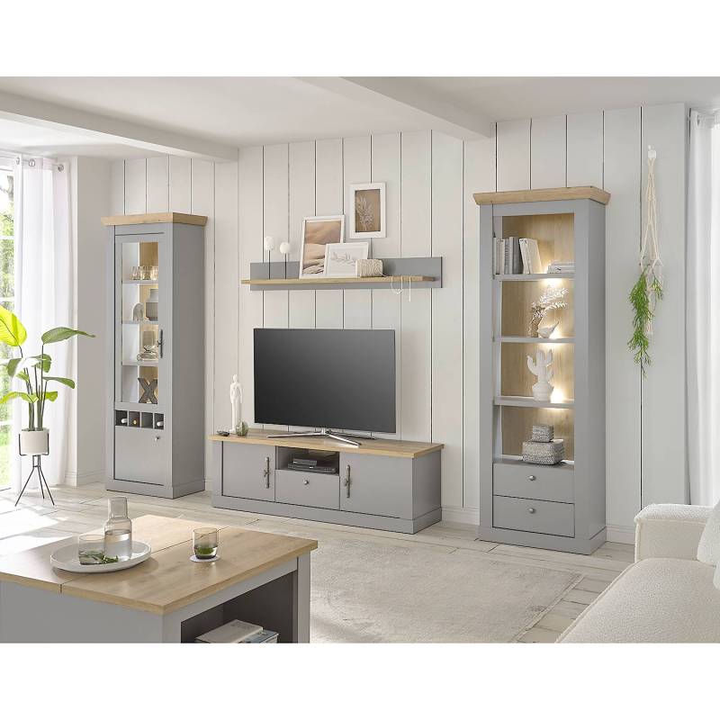 home24 Wohnwand 4-teilig Kombi E Front: MDF Mitteldichte Holzfaserplatte , beschichtet Korpus: Spanplatte, beschichtet Grau 320 x 201 x 44cm von home24