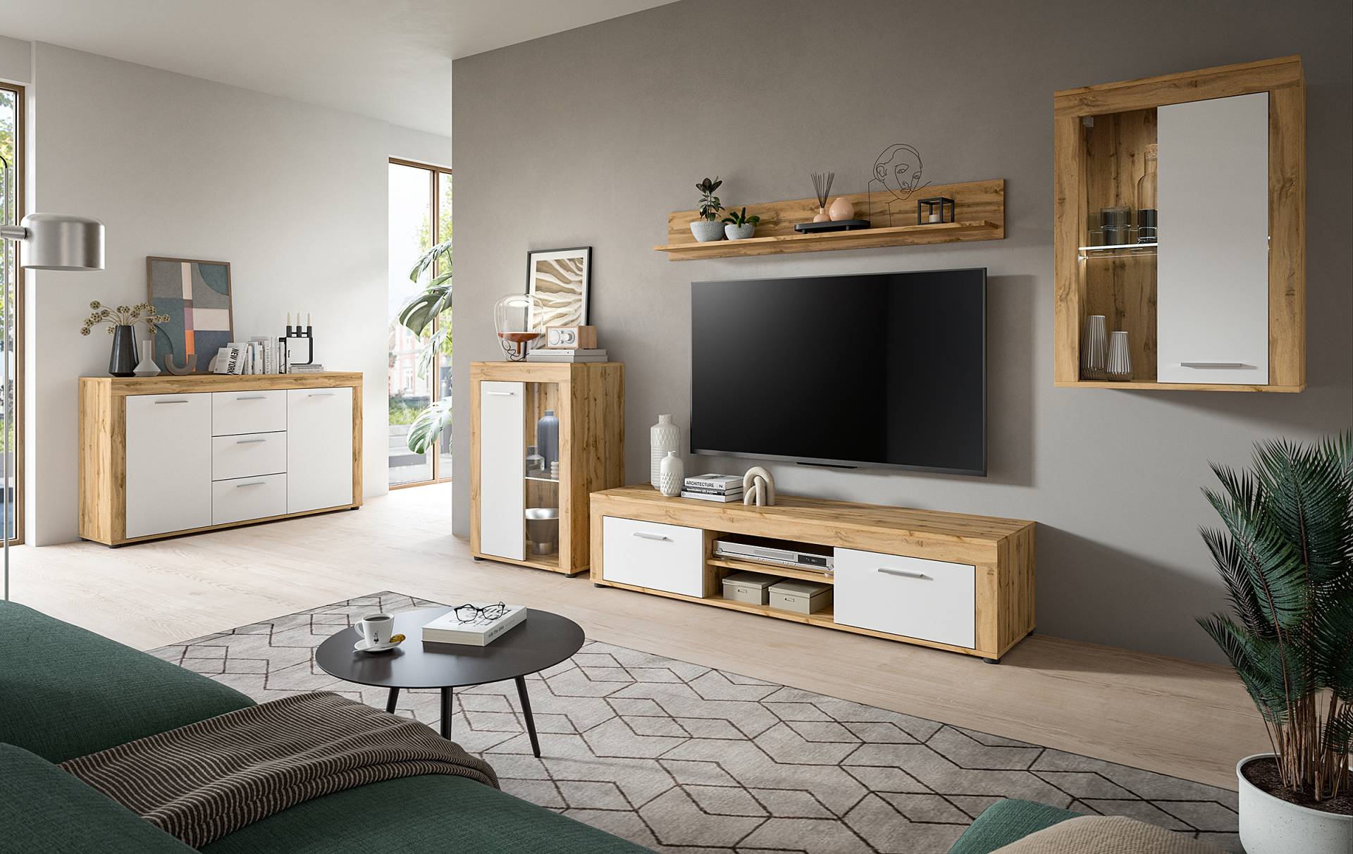 home24 Wohnwand 4-teilig - Kommode schmal Spanplatte, beschichtet Braun/Weiß/Weiß/Eiche Wotan Dekor 310 x 169 x 35cm von home24