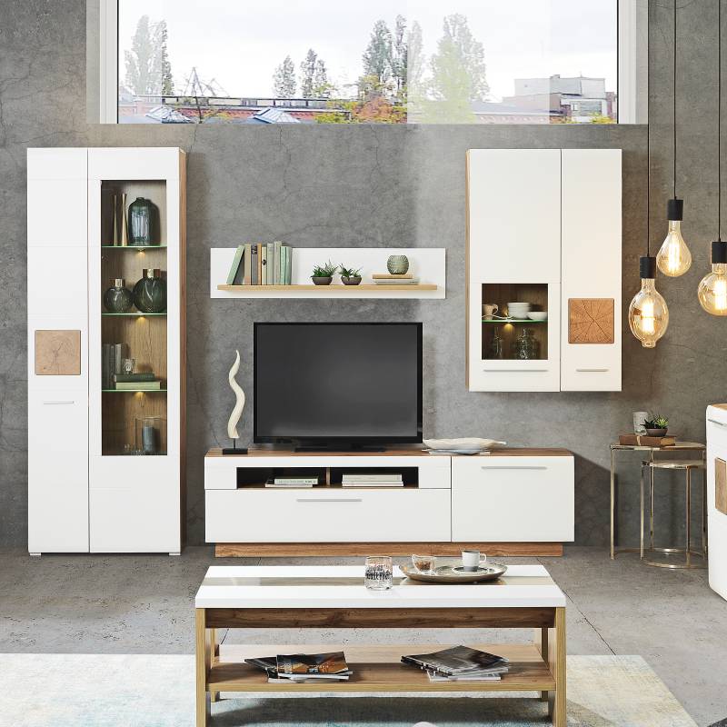 home24 Wohnwand 4-teilig MDF Mitteldichte Holzfaserplatte , foliert Weiß 330 x 202 x 46cm von home24