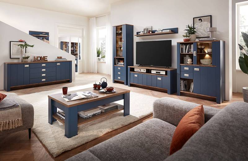 home24 Wohnwand 4-teilig - Standvitrine Front: MDF Mitteldichte Holzfaserplatte , foliert Korpus: Spanplatte, foliert Blau/Brilliantblau 339 x 201 x von home24