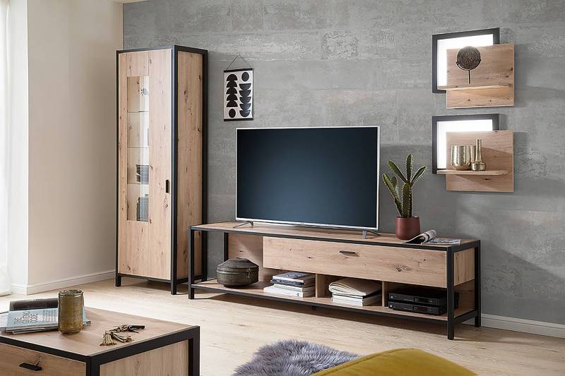 home24 Wohnwand 4-teilig Vitrine Front & Korpus: Spanplatte, beschichtet Gestell: MDF Mitteldichte Holzfaserplatte , beschichtet Braun 310cm von home24
