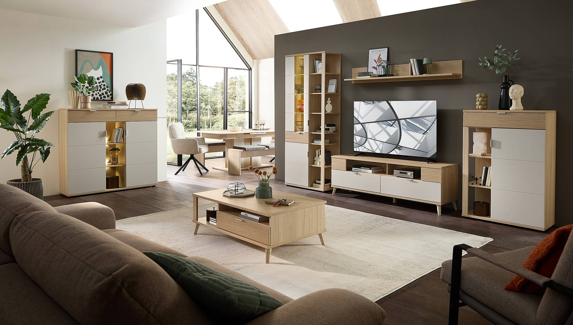 home24 Wohnwand 4-teilig Vitrine MDF Mitteldichte Holzfaserplatte , foliert Beige 350 x 202 x 44cm home24 Wohnwand 4-teilig Vitrine MDF Mitteldichte Holzfaserplatte , foliert Beige 350 x 202 x 44cm von home24