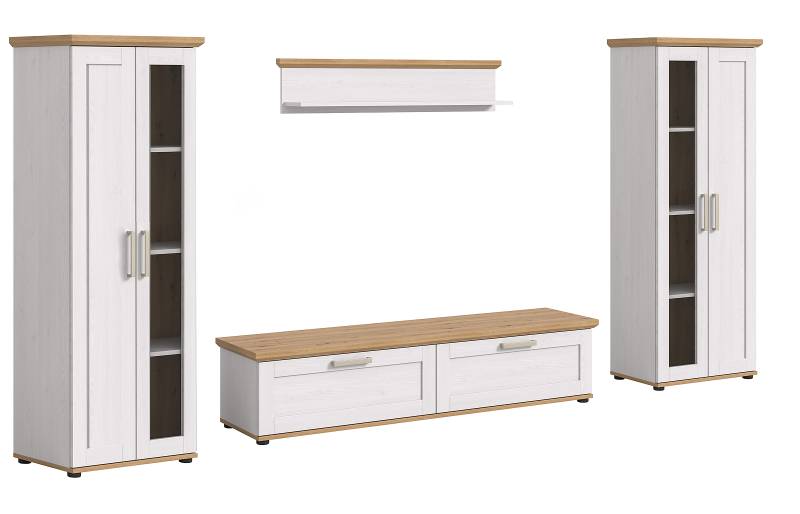 home24 Wohnwand 4-teilig mit 2 Vitrinen Spanplatte, beschichtet Braun/Weiß 336 x 161 x 40cm von home24