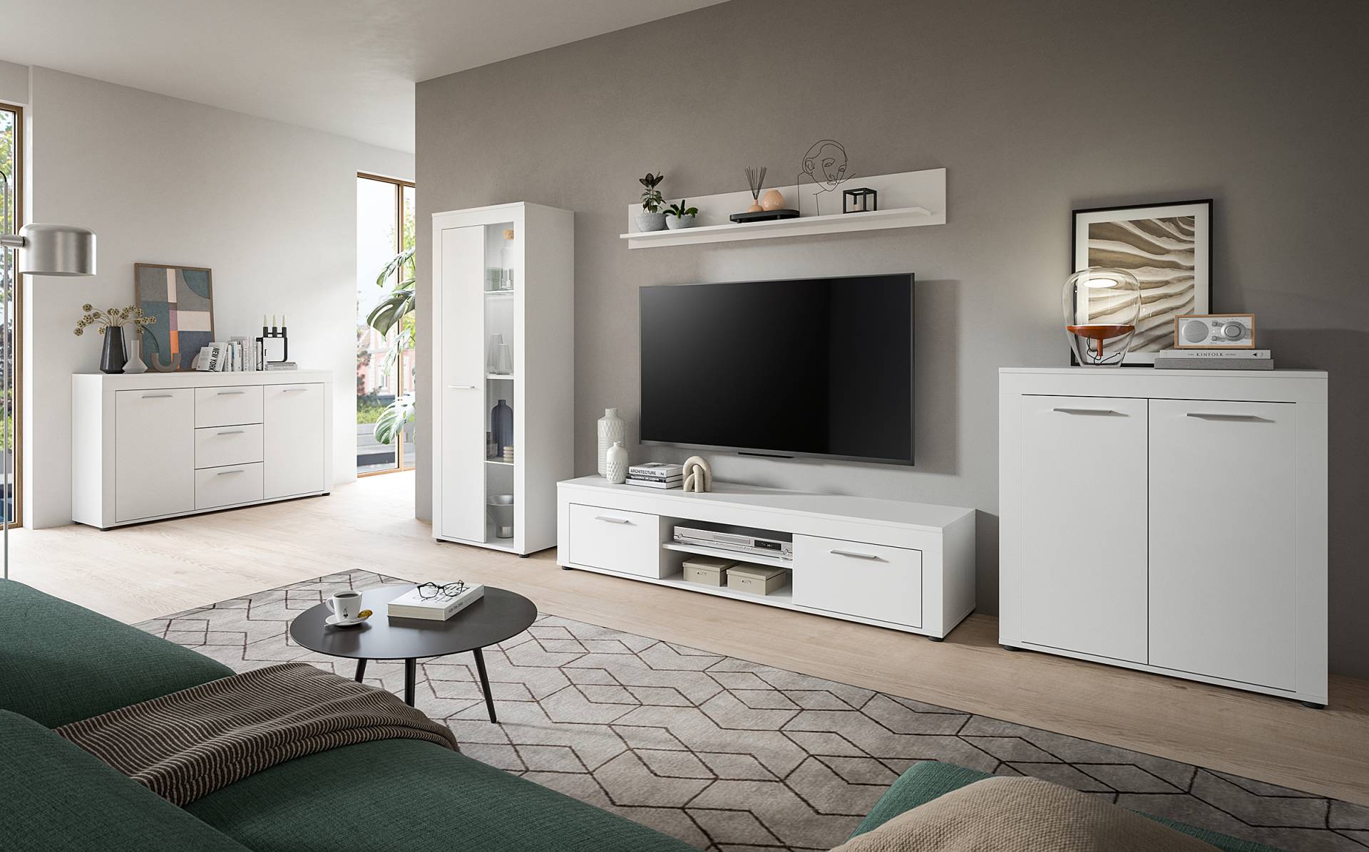 home24 Wohnwand 4-teilig mit 2 Vitrinen Spanplatte, beschichtet Weiß/Weiß 310 x 159 x 35cm von home24