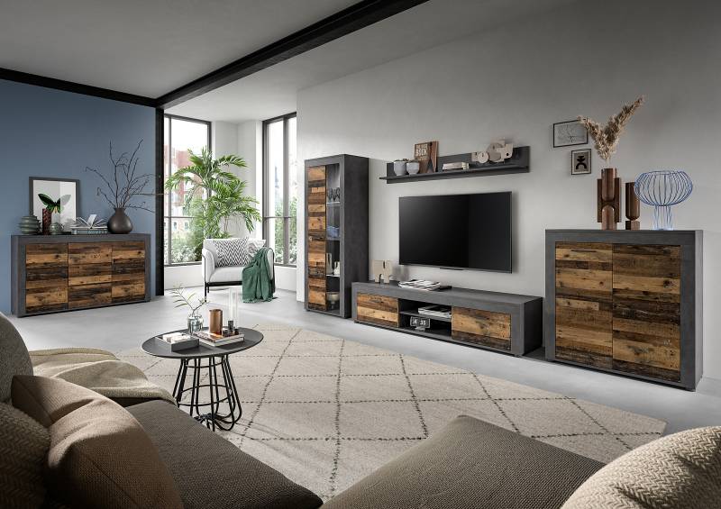 home24 Wohnwand 4-teilig mit Vitrine Spanplatte, beschichtet Braun/Grau/Altholz Dekor 330 x 159 x 35cm von home24