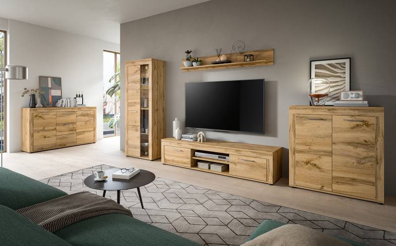 home24 Wohnwand 4-teilig mit Vitrine Spanplatte, beschichtet Braun/Wotaneiche Dekor 330 x 159 x 35cm von home24