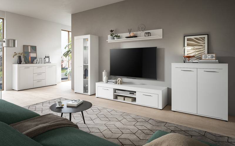 home24 Wohnwand 4-teilig mit Vitrine Spanplatte, beschichtet Weiß/Weiß 330 x 159 x 35cm von home24