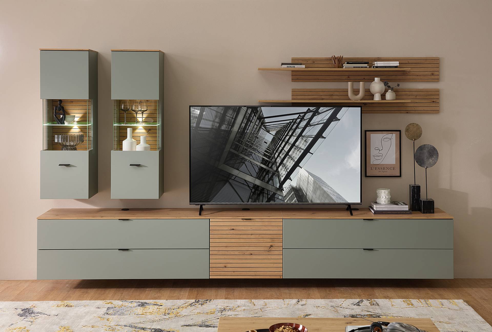 home24 Wohnwand 5-teilig Hängevitrine MDF Mitteldichte Holzfaserplatte , foliert Grün/Salbei 280 x 185 x 44cm von home24