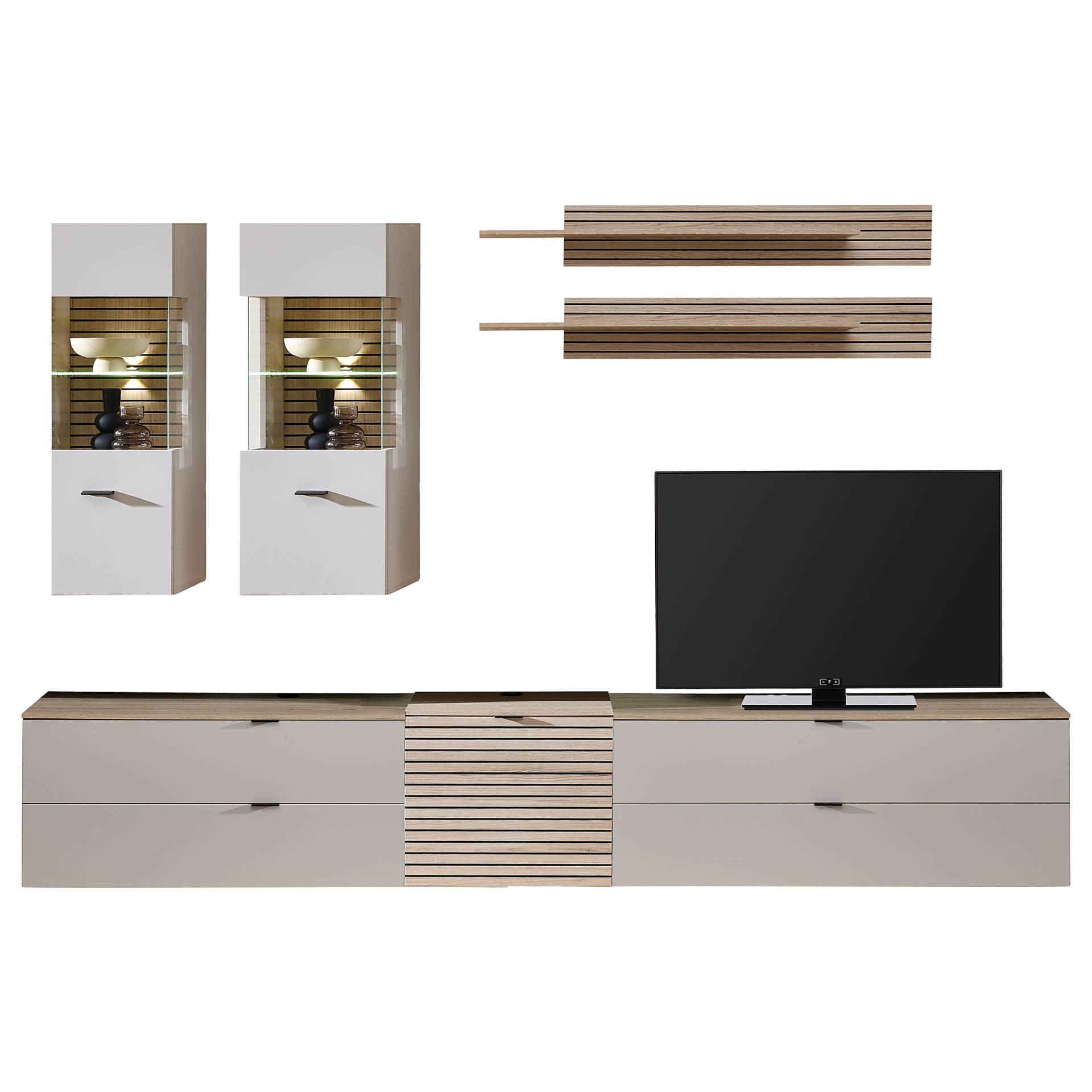 home24 Wohnwand 7-teilig MDF Mitteldichte Holzfaserplatte , foliert Grau/Beige/Sandgrau 340 x 185 x 44cm von home24