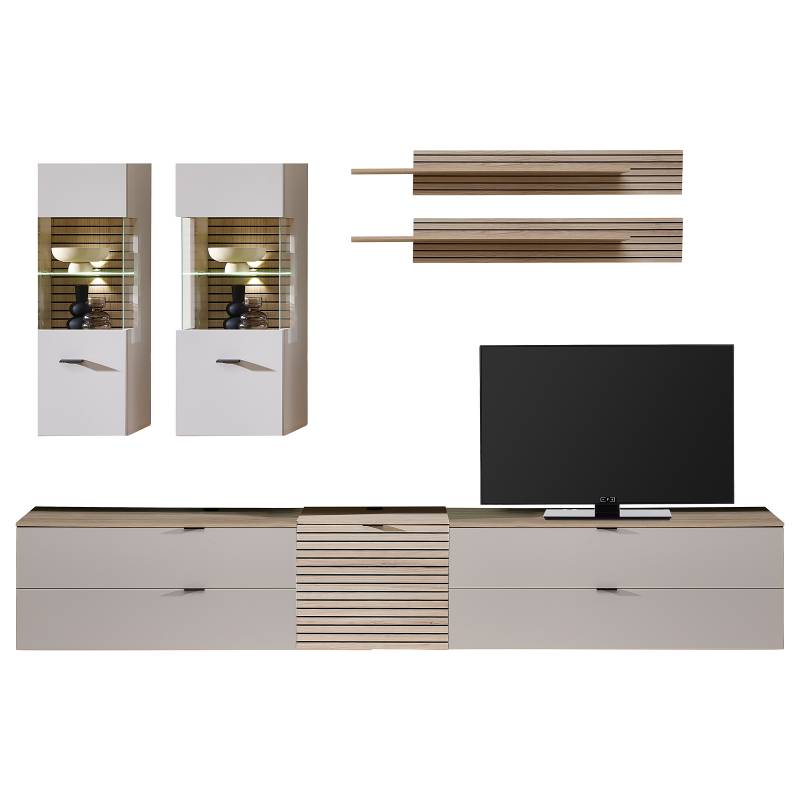 home24 Wohnwand 7-teilig MDF Mitteldichte Holzfaserplatte , foliert Grau/Beige/Sandgrau 340 x 185 x 44cm home24 Wohnwand 7-teilig MDF Mitteldichte Holzfaserplatte , foliert Grau/Beige/Sandgrau 340 x 185 x 44cm von home24