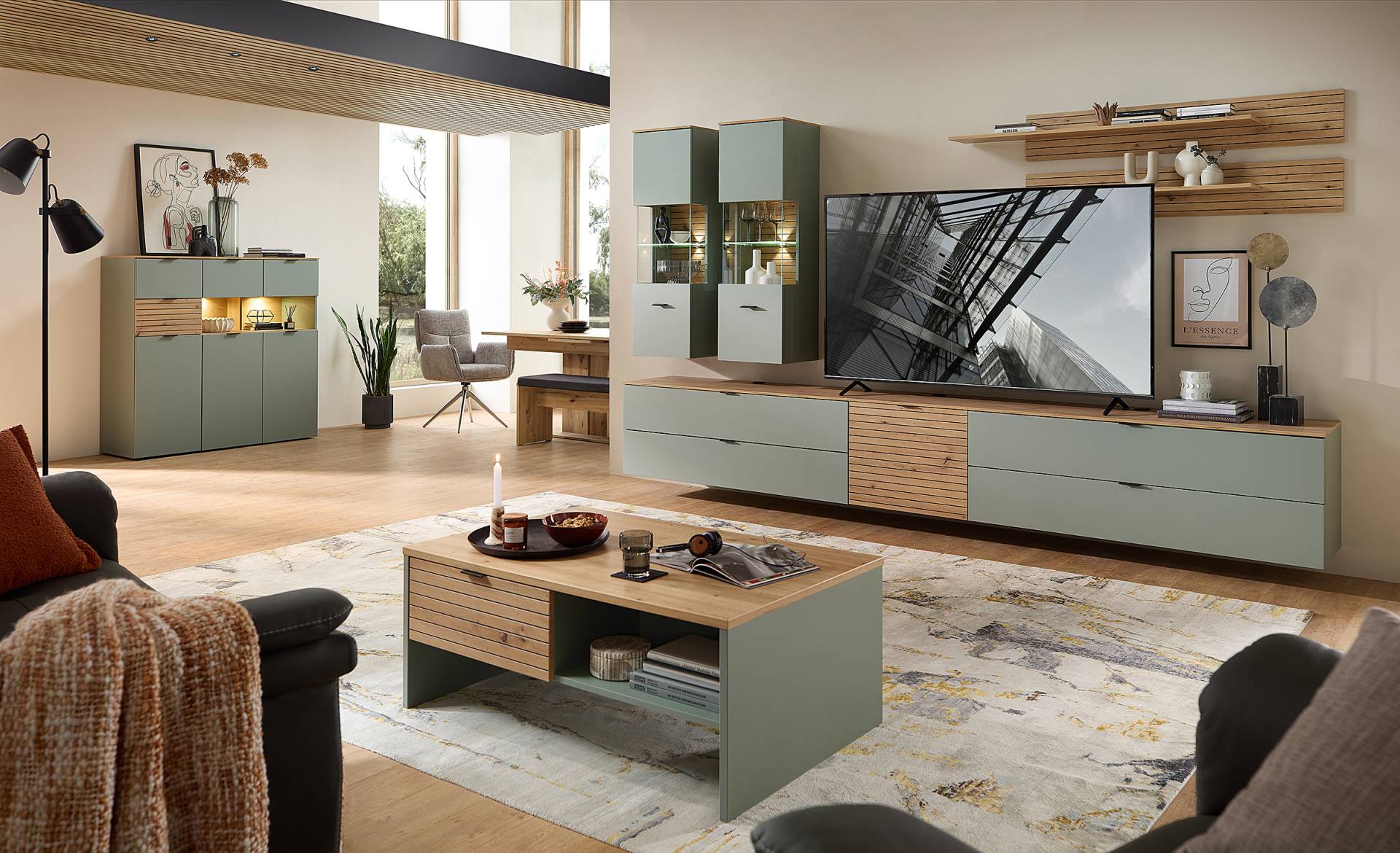 home24 Wohnwand 7-teilig MDF Mitteldichte Holzfaserplatte , foliert Grün/Salbei 340 x 185 x 44cm von home24