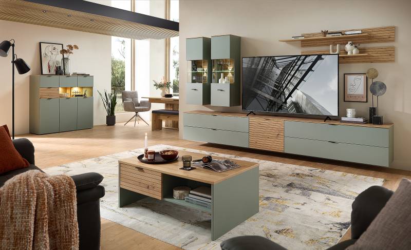 home24 Wohnwand 7-teilig MDF Mitteldichte Holzfaserplatte , foliert Grün/Salbei 340 x 185 x 44cm home24 Wohnwand 7-teilig MDF Mitteldichte Holzfaserplatte , foliert Grün/Salbei 340 x 185 x 44cm von home24