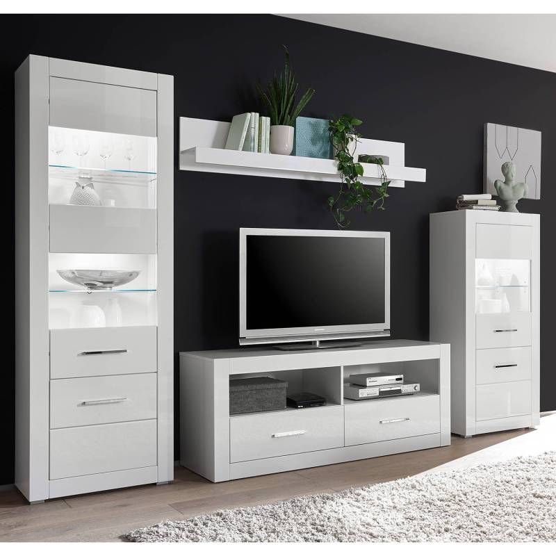 home24 Wohnwand I 4-teilig MDF Mitteldichte Holzfaserplatte , beschichtet Weiß 300 x 198 x 45cm von home24