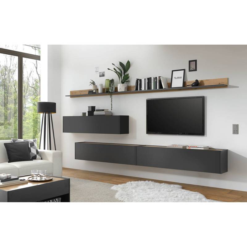 home24 Wohnwand I 5-teilig Spanplatte, beschichtet Grau/Anthrazit 340 x 180 x 30cm von home24