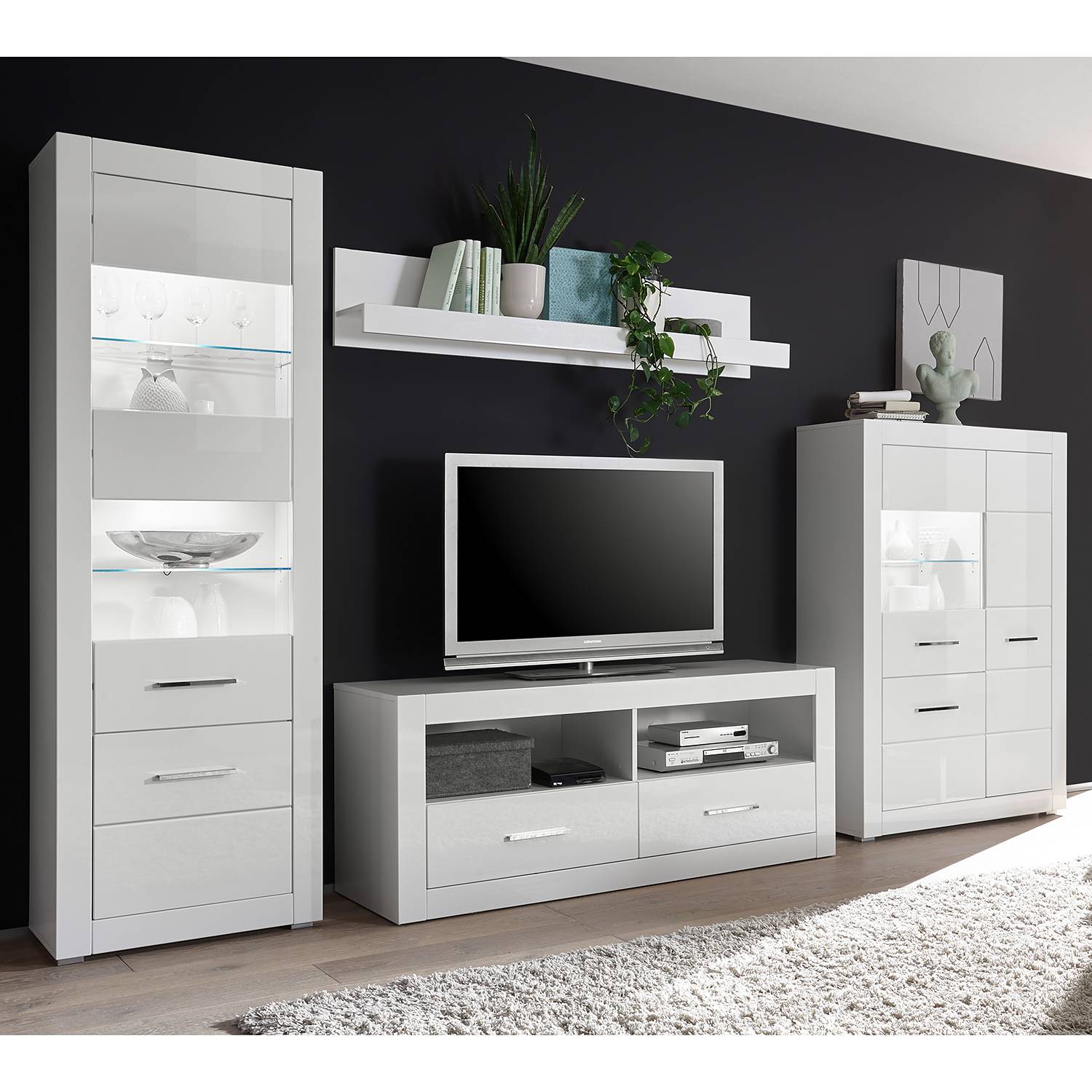 home24 Wohnwand II 4-teilig MDF Mitteldichte Holzfaserplatte , beschichtet Weiß 335 x 198 x 45cm von home24