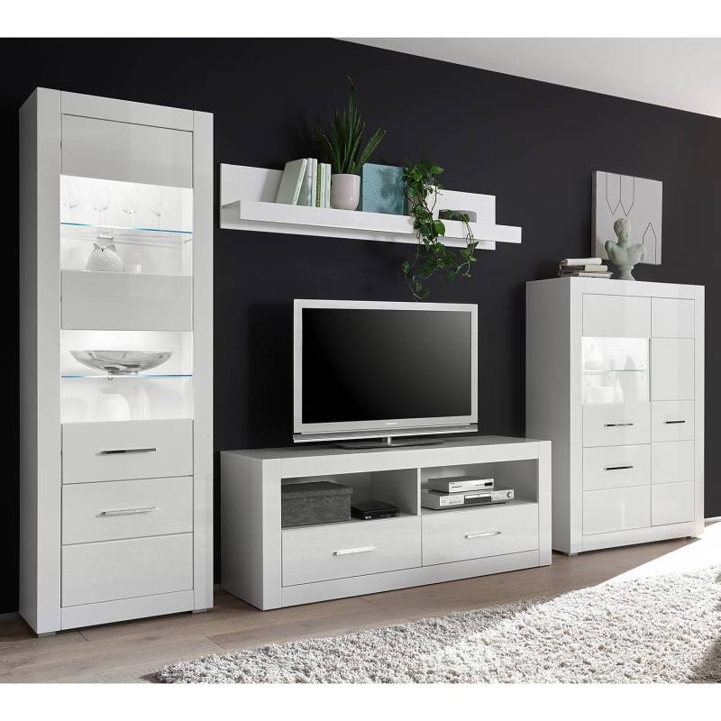 home24 Wohnwand II 4-teilig MDF Mitteldichte Holzfaserplatte , beschichtet Weiß 335 x 198 x 45cm von home24