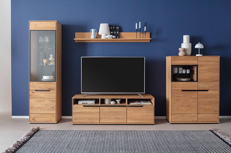 home24 Wohnwand Skolo 4-teilig Lowboard 153 cm Front: Massivholz Wildeiche, geölt Korpus: Spanplatte, furniert & geölt Rückwand: HDF Hochdichte von home24